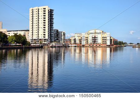 Cardiff, Wales, UK, September 14, 2016 :  Roath Basin which was the largest undeveloped site in Cardiff Bay and is now being regenerated with new homes and commercial spaces