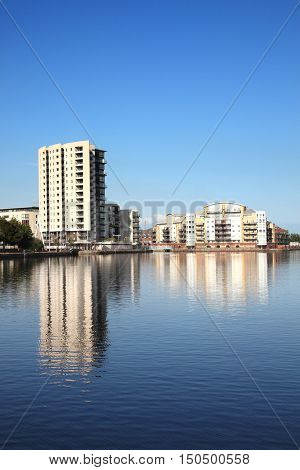 Cardiff, Wales, UK, September 14, 2016 :  Roath Basin which was the largest undeveloped site in Cardiff Bay and is now being regenerated with new homes and commercial spaces