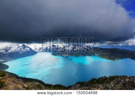 Hike to turquoise waters of picturesque Garibaldi Lake near Whistler, BC, Canada. Very popular hike destination in British Columbia.