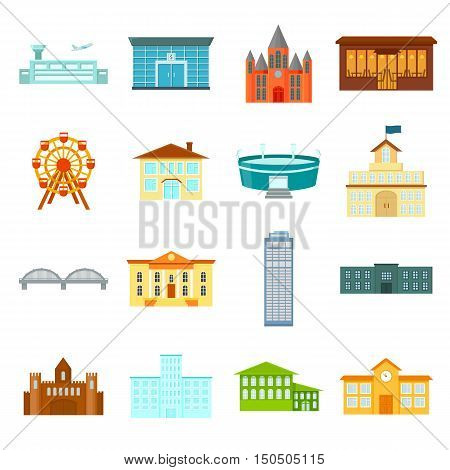Building icons set. Infrastructure, city collection icon in flat design. House, restaurant, museum, attractions symbol.