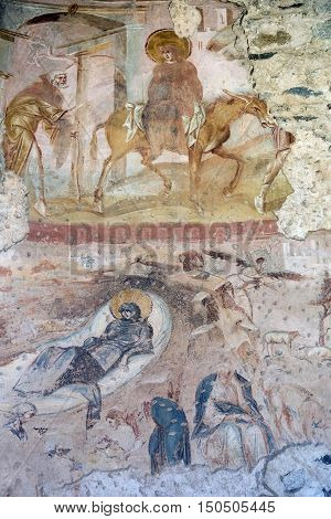 CASTELSEPRIO, ITALY - JUNE 25, 2016: The archeological area of Castelseprio (Varese Lombardy Italy): ruins of a village destroyed in the 13th century. Unesco World Heritage Site. The church mural paintings.