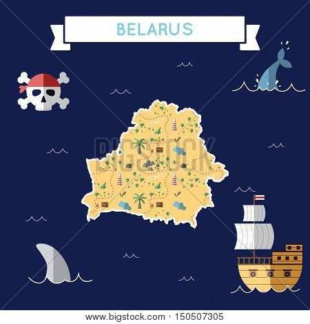 Flat Treasure Map Of Belarus. Colorful Cartoon With Icons Of Ship, Jolly Roger, Treasure Chest And B