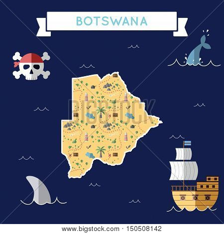 Flat Treasure Map Of Botswana. Colorful Cartoon With Icons Of Ship, Jolly Roger, Treasure Chest And