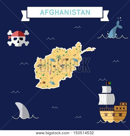 Flat Treasure Map Of Afghanistan. Colorful Cartoon With Icons Of Ship, Jolly Roger, Treasure Chest A
