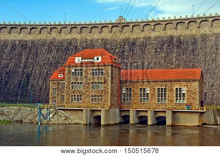 Hydroelectric power plant and dam on Bobr River in Pilchowice Bobr Valley Landscape Park Poland.