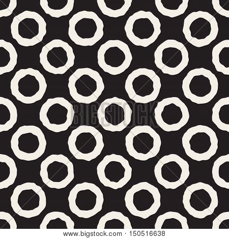 Vector Seamless Black And White Jumble Circles Pattern. Abstract Freehand Background Design