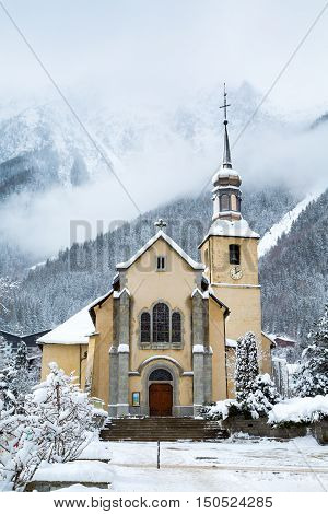Church in Chamonix town, France, French Alps  in winter