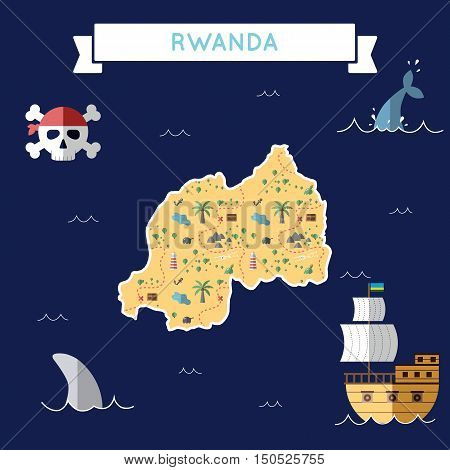 Flat Treasure Map Of Rwanda. Colorful Cartoon With Icons Of Ship, Jolly Roger, Treasure Chest And Ba