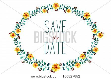 Frame with flowers and leaves, drawing watercolor. Spring or summer design for invitation, wedding or greeting cards. Isolated on white background