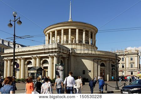 ST. PETERSBURG, RUSSIA - AUGUST 8, 2016: People at the ground pavilion of metro station Ploshchad Vosstaniya on Nevsky avenue. The station was opened  on November 15, 1955