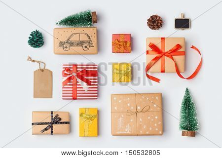 Christmas gift boxes collection with pine tree for mock up template design. View from above. Flat lay