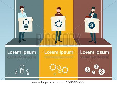 Business Man Hold Banner New Startup Finance Success Idea Concept Flat Vector Illustration