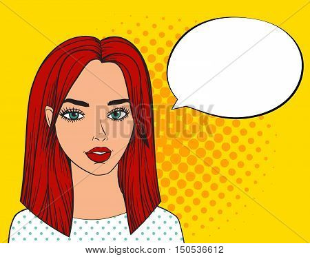 Pop art sexy woman with speech bubble. Fashion beautiful woman with red hair. White pop art bubble for banner. Comic girl says vector illustration on yellow background