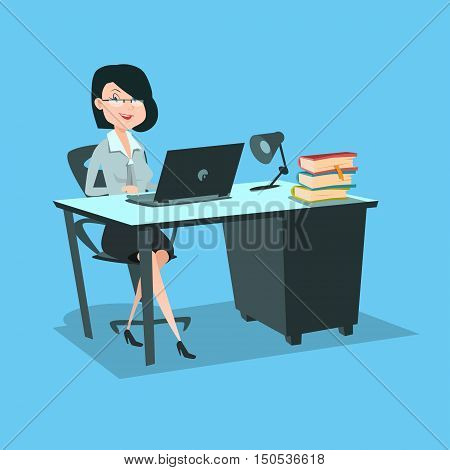 Business Woman Sitting at Desk Working Laptop Computer Flat Vector Illustration