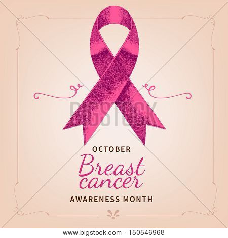 Breast Cancer Awareness poster wint Hand drawn pink ribbon with text.