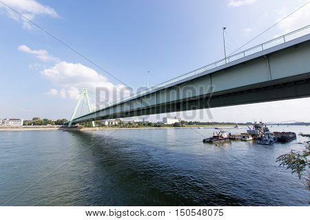 View of the Deutzer Bridge from the Rhine River