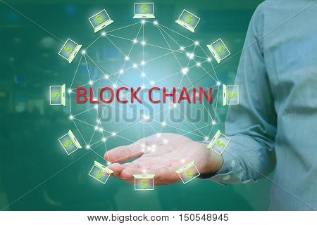 Blockchain network against double exposure concept. businessman show on hand Block chain text and distributed connection with abstract background