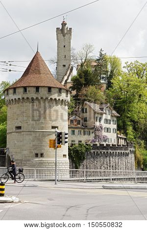 LUCERNE SWITZERLAND - MAY 04 2016: Nolliturn it is round tower that is a part of Lucerne's ancient city walls.