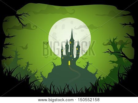 Halloween green colored poster spooky castle with full moon, horizontal a3, a4 format size. Vector background