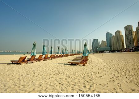 DUBAI, UAE - SEPTEMBER 06, 2016: View of Jumeirah Beach Residence (JBR). This popular area has now developed a further 300000 sq ft of shopping and beach area
