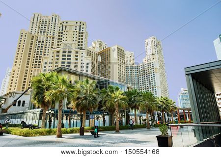 DUBAI, UAE - SEPTEMBER 06, 2016: View of Jumeirah Beach Residence (JBR). This popular area has now developed a further 300000 sq ft of shopping and beach area