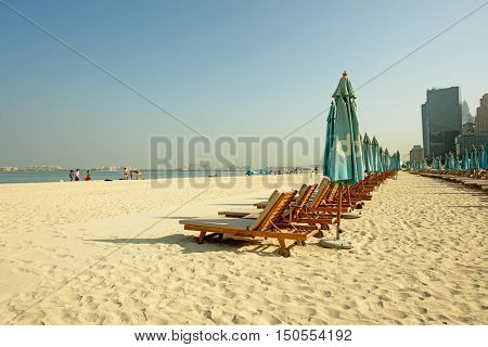 DUBAI, UAE - OCTOBER 06, 2016: The beach at Jumeirah Beach Residence (JBR) has been extended to include a larger sand beach and 300,000 sq feet of shops and restaurants