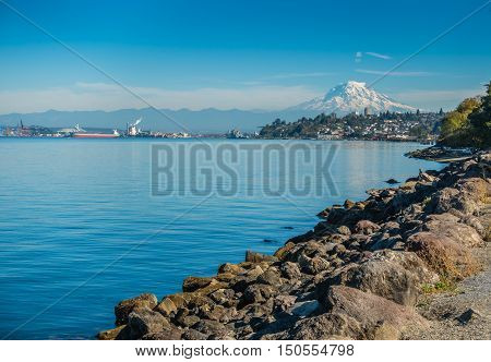 A view of Mount Rainier from Ruston Washington.