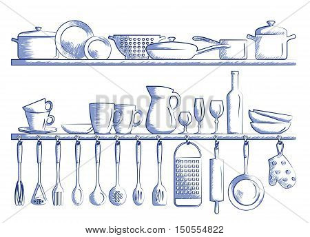 kitchen shelves and cooking utensils. Hand drawn cartoon doodle vector illustration.