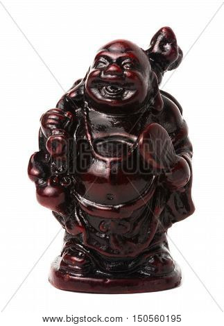 Netsuke happy fat man with a bag and a fan. Isolated. A miniature sculpture which was used as a button-like trinket in traditional Japanese clothes kimono kosode which was devoid of pockets.