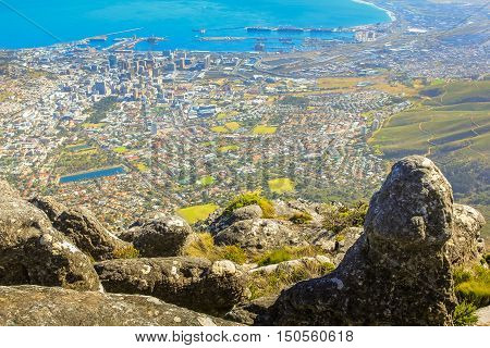 Table Mountain National Park, Trail Hike. View on Cape Town, South Africa, Western Cape, from the top of Table Mountain.