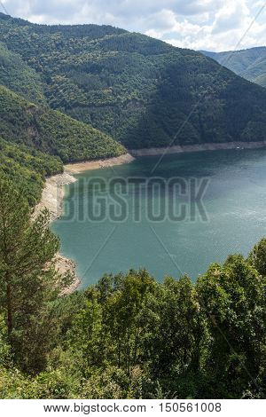 Panoramic view of Meander of Vacha (Antonivanovtsy) Reservoir, Rhodopes Mountain, Bulgaria