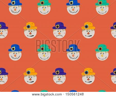 Pattern of scarecrow with different hats and smiles. Vector Halloween seamless pattern. Flat cartoon illustration of bogey.