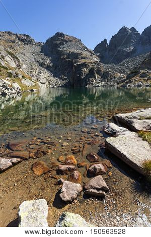 Clean water of The Scary lake and Kupens peaks, Rila Mountain, Bulgaria