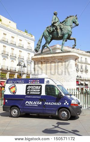 MADRID, SPAIN - September 06, 2016: Police car on Plaza del Sol in Madrid