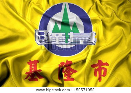 Waving Flag of Keelung City Taiwan, with beautiful satin background. 3D illustration