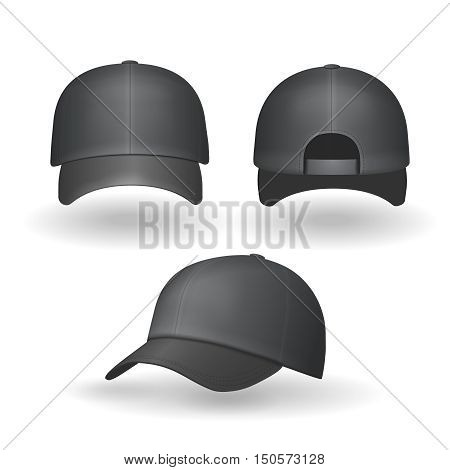 Set of realistic black baseball caps isolated on white background. Vector illustration