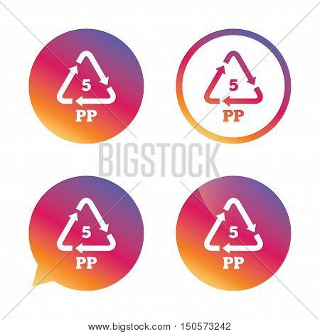 PP 5 icon. Polypropylene thermoplastic polymer sign. Recycling symbol. Gradient buttons with flat icon. Speech bubble sign. Vector