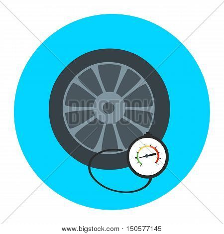 Tire pressure gauge. Checking tire pressure. Gauge, manometer. Car safe concept. Sign, wheel car with instrument measures pressure. Icon tire.