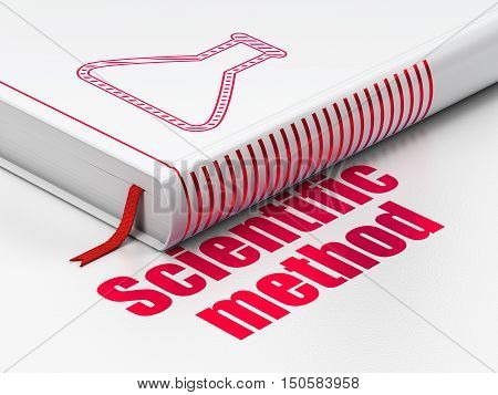 Science concept: closed book with Red Flask icon and text Scientific Method on floor, white background, 3D rendering