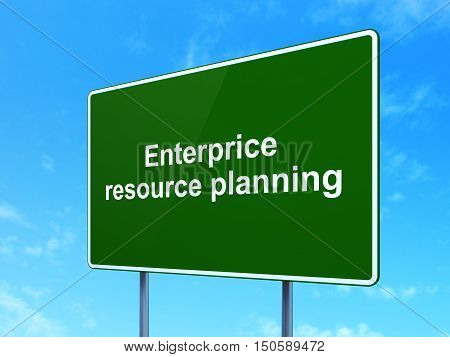 Business concept: Enterprice Resource Planning on green road highway sign, clear blue sky background, 3D rendering