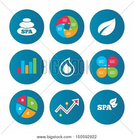 Business pie chart. Growth curve. Presentation buttons. Spa stones icons. Water drop with leaf symbols. Natural tear sign. Data analysis. Vector
