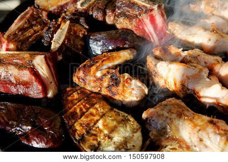 different kind of meat: chicken shish kebab, beef asado, beef fillet, with raw eggplant on black bbq grill grid prepared on charcoal