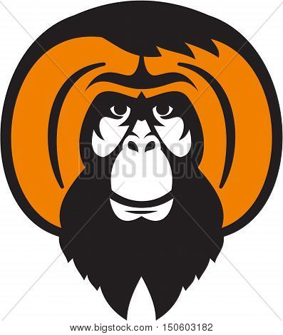 Illustration of an orangutan orang-utan orangutang or orang-utang an Asian species of extant great apes with beard facial hair and tussled hair viewed from front set on isolated white background done in retro style.