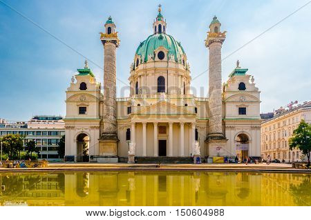 Beautiful view of famous Saint Charles's Church, Wiener Karlskirche at Karlsplatz at daylight, Vienna, Austria. Travel photo of Vienna.