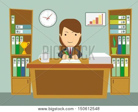 Office worker at work. Happy smiling woman sitting at the desktop. Office interior. Long work hours. Stock flat vector illustration