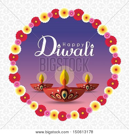 Diwali or Deepavali greeting with beautiful burning diwali diya (india oil lamp) and floral wreath. Festival of Lights celebration vector illustration.