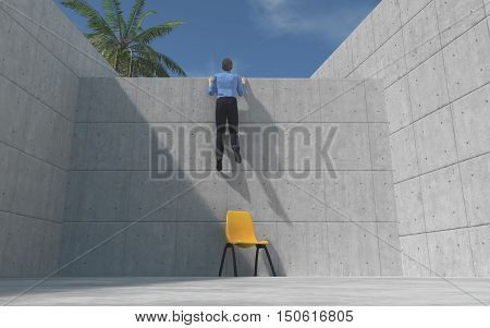 Young man climbed a concrete wall looking over the wall. This is a 3d render illustration