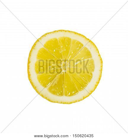 Single cross section of yellow lemon isolated on white background.