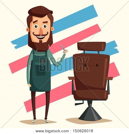Cute barber character. Barber shop. Cartoon vector illustration. Lounge chair. Scissors in hand. Vintage hairstyle.