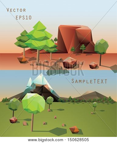 Low polly Mountains abstract landscape. Two vector images.